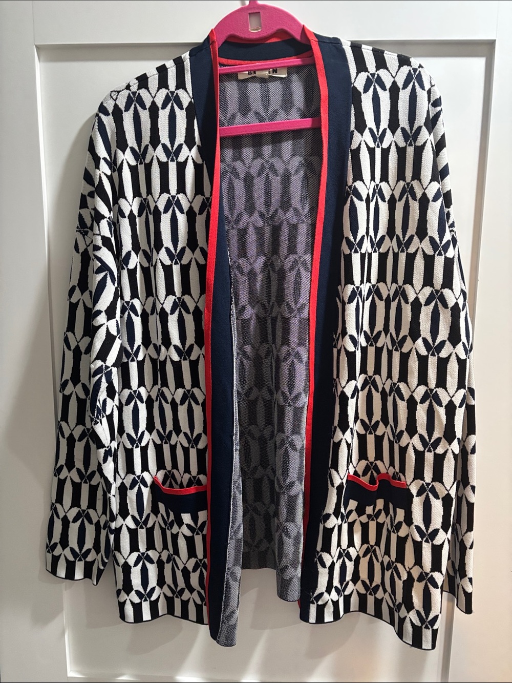 Boden cardigan navy black white with red detailing
